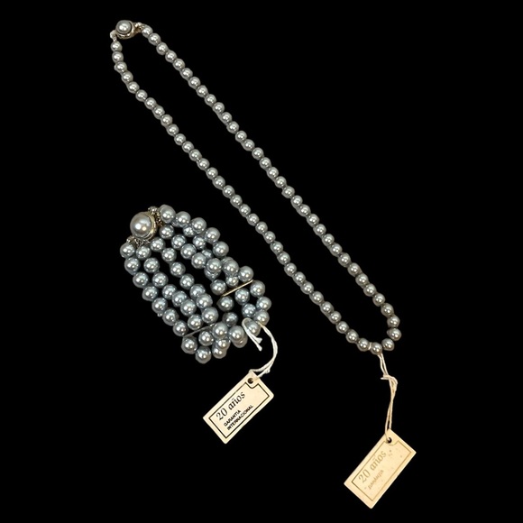 Vintage Spanish Mallorca Grey Pearl Necklace Bracelet SET Original Tags - Picture 1 of 7